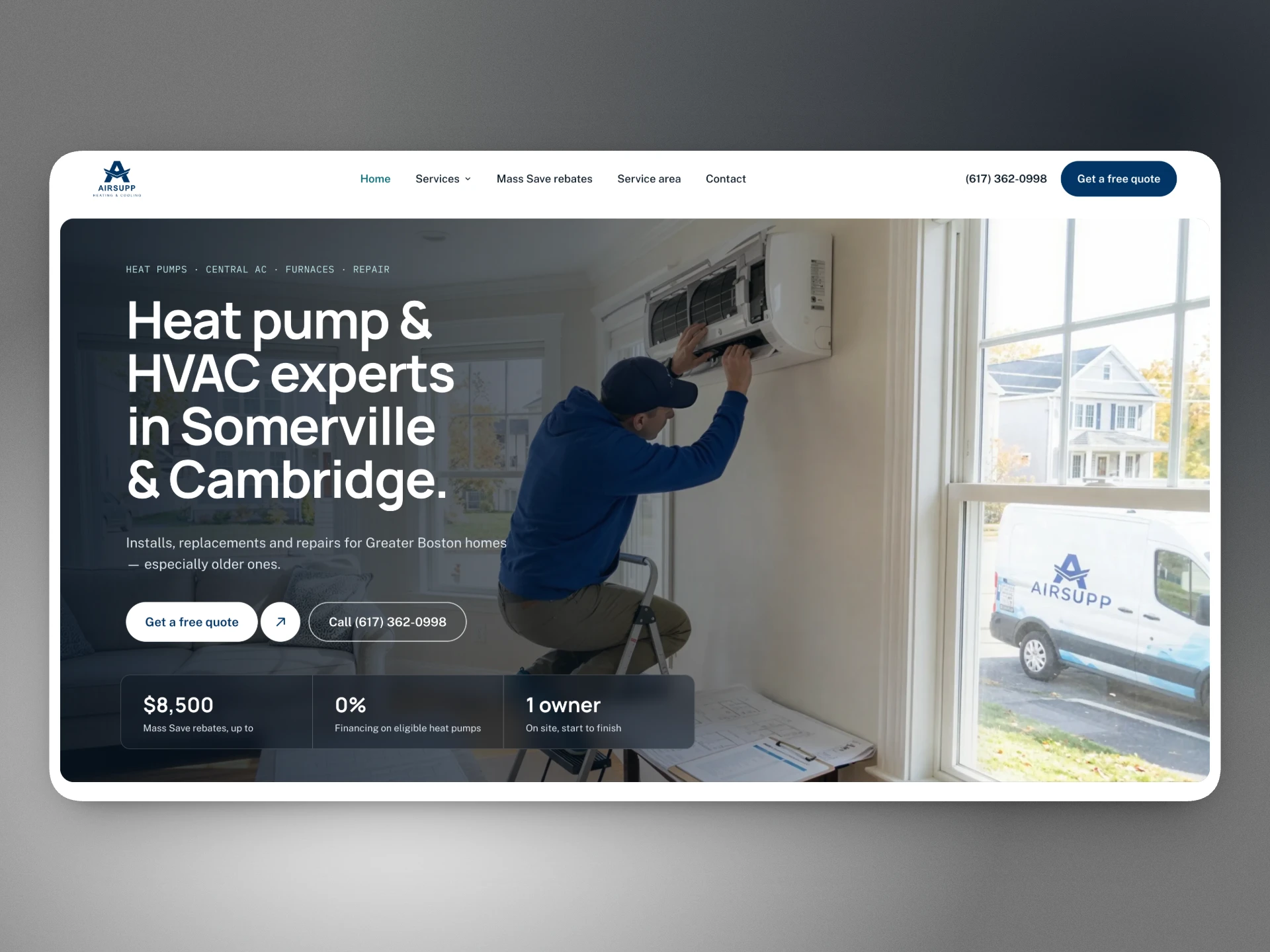 AirSupp homepage: a technician servicing a wall-mounted heat pump, with the headline “Heat pump & HVAC experts in Somerville & Cambridge”