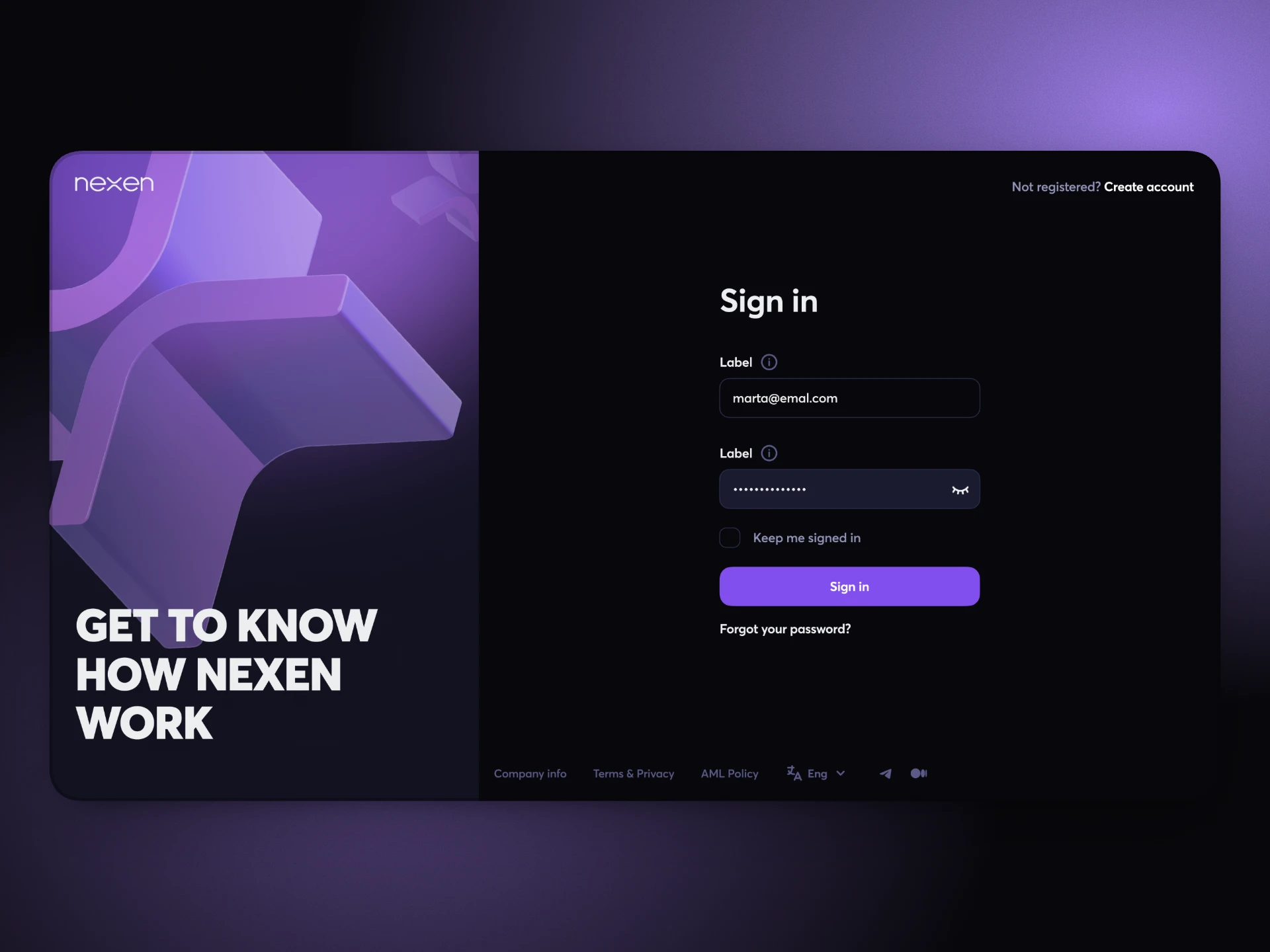 Nexen sign-in screen with a purple 3D illustration and the line “Get to know how Nexen work”