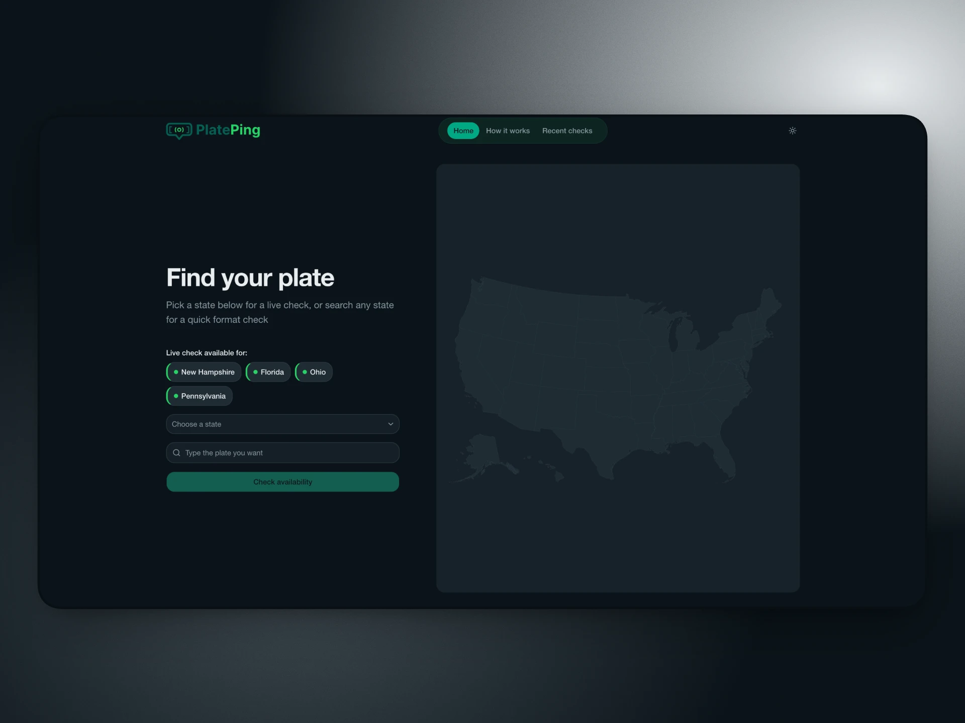 PlatePing: a “Find your plate” search with live-check states beside a map of the US